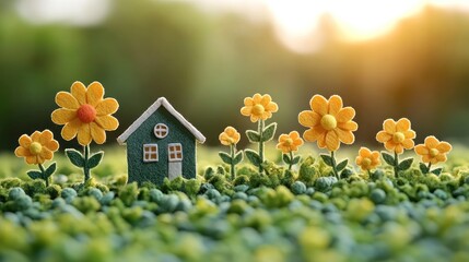 A whimsical miniature house surrounded by vibrant flowers in a lush green setting.