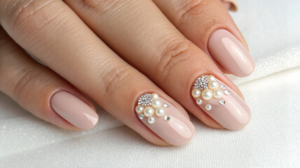 Minimalist pearl-accented pink nail art