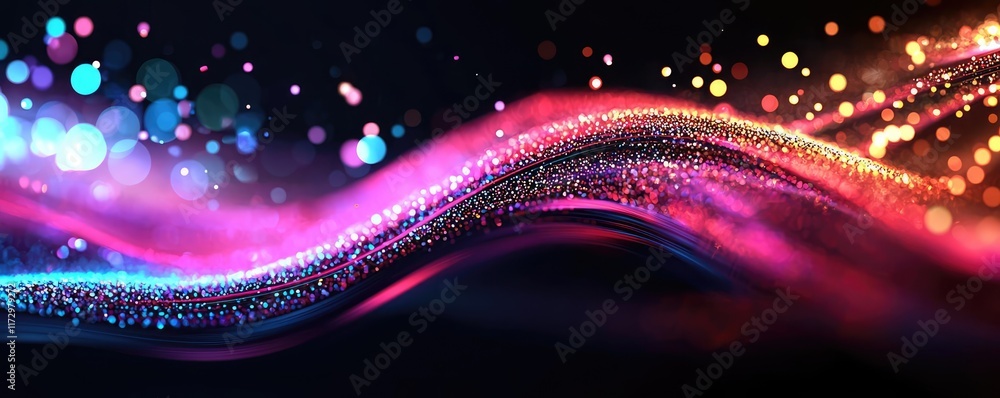 Poster glitter abstract background concept. vibrant abstract wave with colorful bokeh lights on a dark back