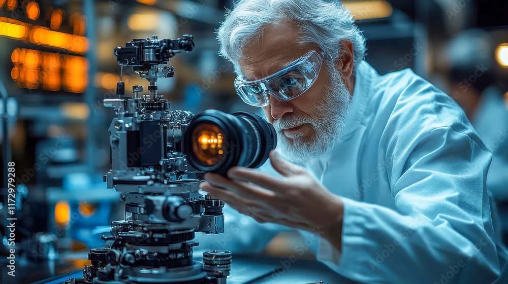 Poster senior scientist in a laboratory adjusting a cutting-edge camera setup, symbolizing innovation and a