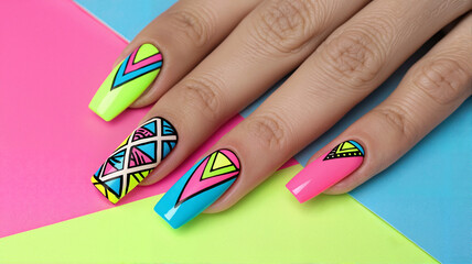 Obraz premium Neon tribal geometric nail art with patterns