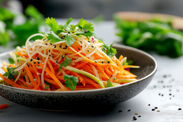 Fresh spring salad with crunchy shredded carrots and root vegetables, vibrant colors on a minimalist background promoting healthy eating to boost energy and immunity, antioxidants