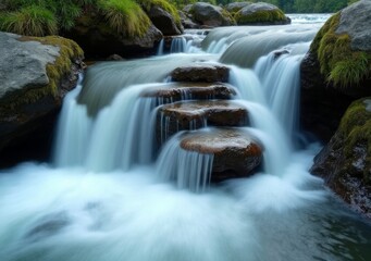 Water flows gracefully over stones in a serene forest landscape