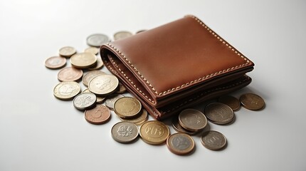 Brown Leather Wallet with Coins Scattered Around