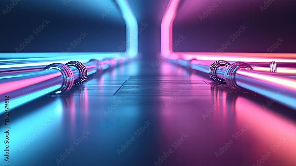Poster neon abstract background idea. futuristic corridor with glowing neon lights creating a modern and sl