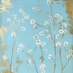 Pastel Blue Background with Delicate Flowers and Gold Accents