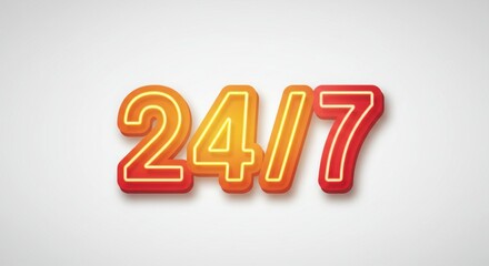 24/7 Neon Sign with Orange and Red Colors on White Background