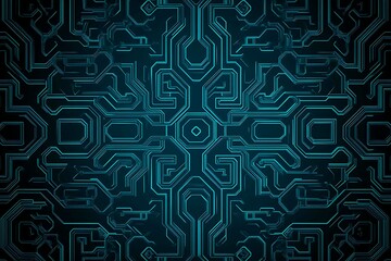 Abstract close-up of a glowing blue digital circuit board, showcasing intricate connections and technological design on a black background.
