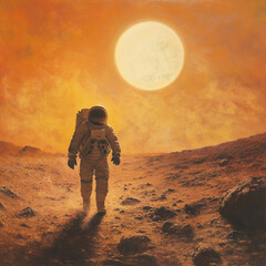 Exploring Solitude: An Astronaut Under the Sun in an Otherworldly Terrain