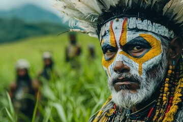 Indigenous person wearing traditional headdress and face paint in papua new guinea