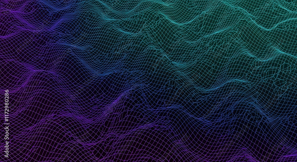 Poster a digital grid glowing in neon colors on a dark background, smooth 3d landscape waveform terrain gri