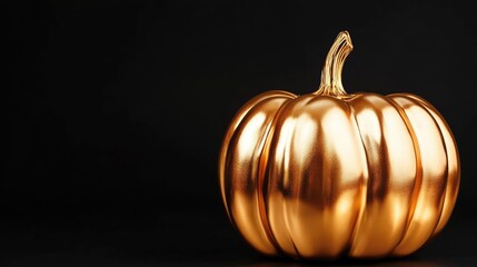 Golden metal shiny pumpkin isolated on black, with copy space, Halloween and Thanksgiving luxury concept
