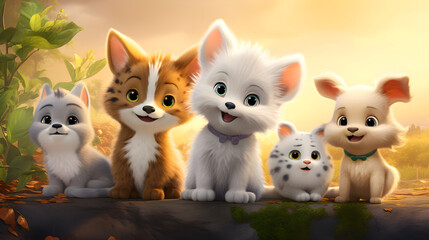 A Collection of Endearing Animals: Fluffy Bunny, Happy Puppy, and Curious Kitten in their Natural Habitats