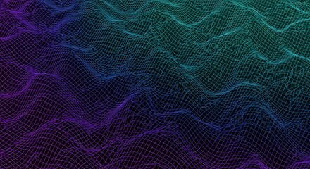 Obraz premium A digital grid glowing in neon colors on a dark background, Smooth 3D Landscape Waveform Terrain Grid Abstract Background, Vibrant neon waveforms in a digital starry landscape