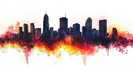 Fototapeta premium Fiery Sunset Cityscape Watercolor Skyline Art