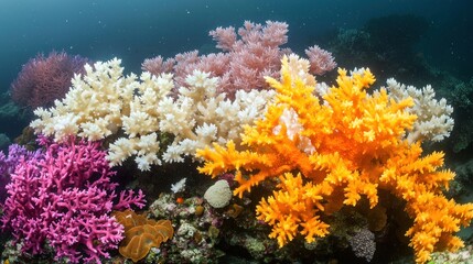 Obraz premium Vibrant coral reef showcasing colorful coral species underwater.