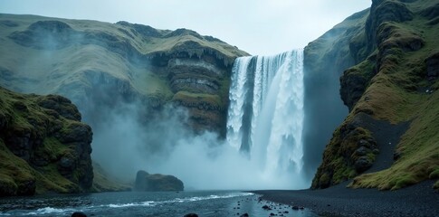 A waterfall cascades through the overcast sky, peaceful, misty, serene