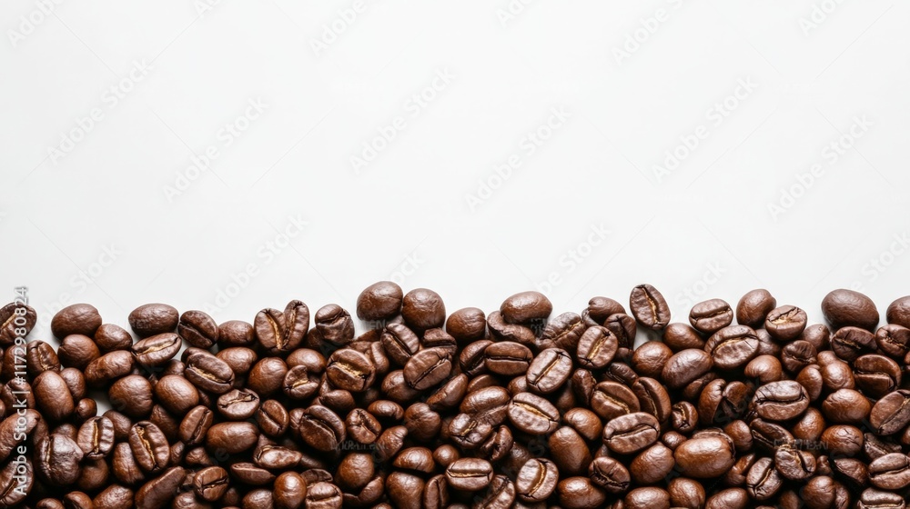 Poster Roasted coffee beans are forming a bottom border on a white background, creating a visually appealing arrangement with space for text or design elements
