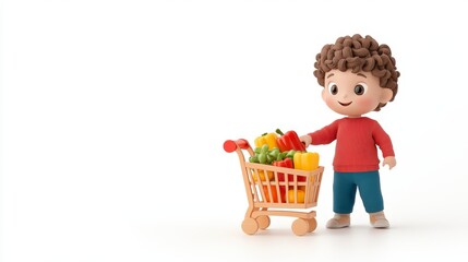 Playful child character with shopping cart filled with colorful vegetables in studio setting