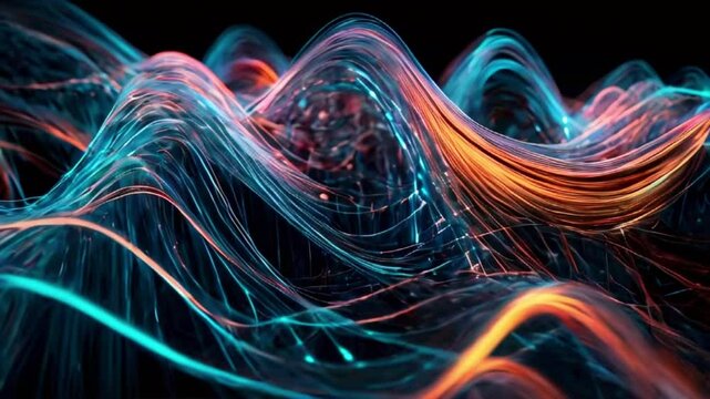 A network of 3D, wireframe optical fibers glowing electrical signals flowing, glowing light flux continually shifts patterns, embodying data exchange, 4k High-Quality background animation video