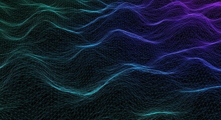 Obraz premium A digital grid glowing in neon colors on a dark background, Smooth 3D Landscape Waveform Terrain Grid Abstract Background, Vibrant neon waveforms in a digital starry landscape