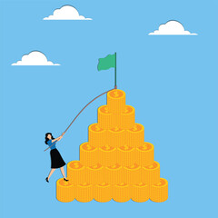 Unafraid of hardship, striving hard, never giving up, persevering, challenging and overcoming difficulties to achieve the goal, the businesswoman pulls the rope and works hard to climb the peak of gol © Master Art