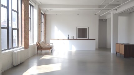 Fototapeta premium Bright open workspace clean lines neutral tones and minimalist decor