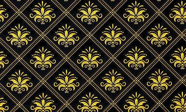 A seamless pattern featuring intricate golden floral motifs set against a deep black background. The design consists of diamond-shaped tiles, generated with ai