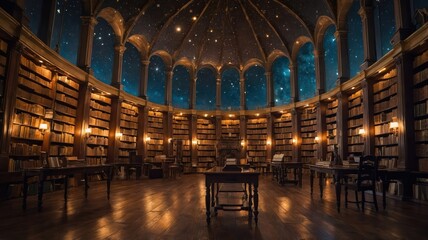 a grand magical library with towering bookshe