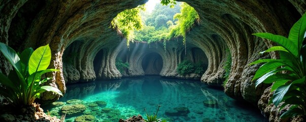 Cenote walls adorned with lush tropical foliage, plant life, foliage, cenote