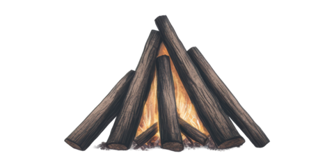 Campfire logs set up for burning isolated on transparent background