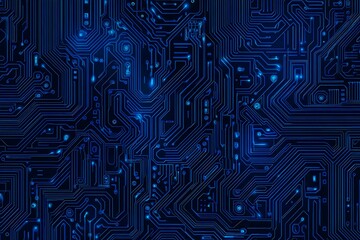 Abstract close-up of a glowing blue digital circuit board, showcasing intricate connections and technological design on a black background.
