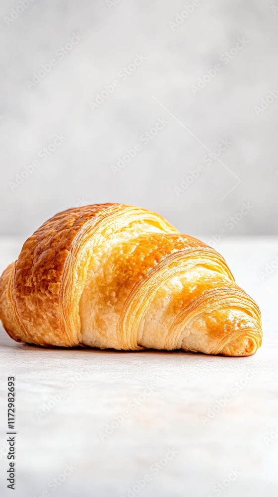 Aufkleber Freshly baked golden brown croissant levitating slightly above a white surface, creating a visually appealing image with a focus on texture and color