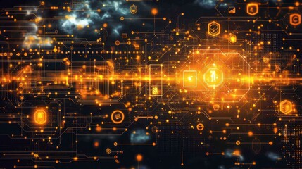 Obraz premium Abstract digital network with glowing circuits and icons representing technology.