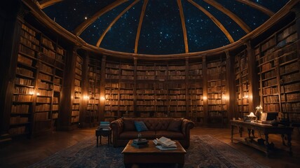 a grand magical library with towering bookshe