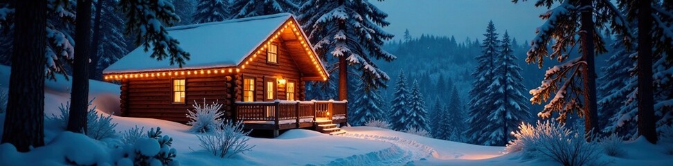 Cozy cabin in the woods with Christmas lights, Christmas, trees