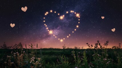 Naklejka premium A Heart of Stars: Romantic Night Sky over a Field