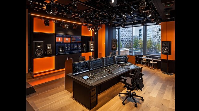 Modern audio mixing studio with large console, monitors, and orange walls.