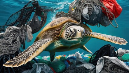 Environmental crisis sea turtle navigating through ocean plastic pollution underwater nature