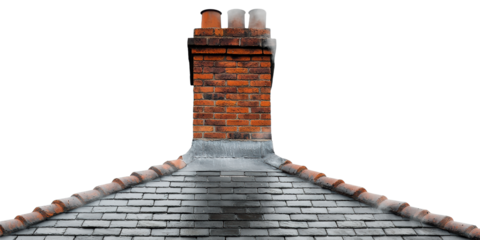 Brick chimney on slate roof isolated on transparent background