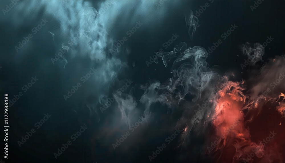Poster abstract smoke in blue and fiery red tones creating a mystic, ethereal contrast of opposing elements