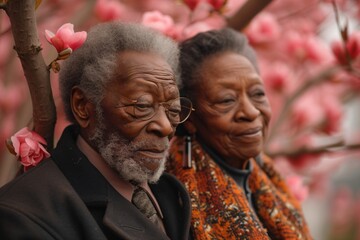 Elderly African American couple smiling among pink flowers. Happy senior man and woman celebrating Valentine's Day, anniversary, Grandparents Day, Wedding. Love and family,  concept