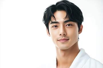 Portrait of Young Korean Male Model in White Bathrobe for Skincare Advertisement