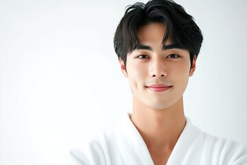 Portrait of Young Korean Male Model in White Bathrobe for Skincare Advertisement