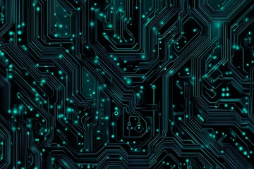 Abstract close-up of a glowing blue digital circuit board, showcasing intricate connections and technological design on a black background.
