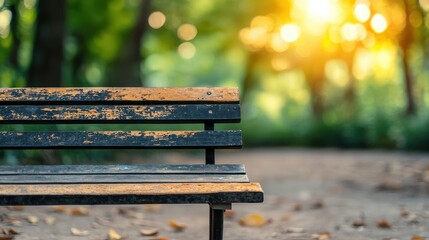 Peaceful Vintage Park Bench Surrounded by Nature in Soft Evening Light and Warm Bokeh Background