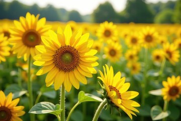 Fototapeta premium A patch of bright yellow sunflowers in a field of different colored flowers, flowers, nature, yellow