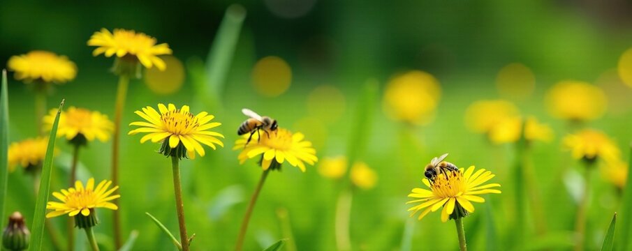 Fototapeta Dandelion flowers on a lawn with bees and butterflies, wildflowers, bees pollinate dandelions