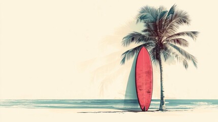 Red surfboard leaning against palm tree on beach.