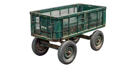 Rustic green metal cart isolated on transparent background